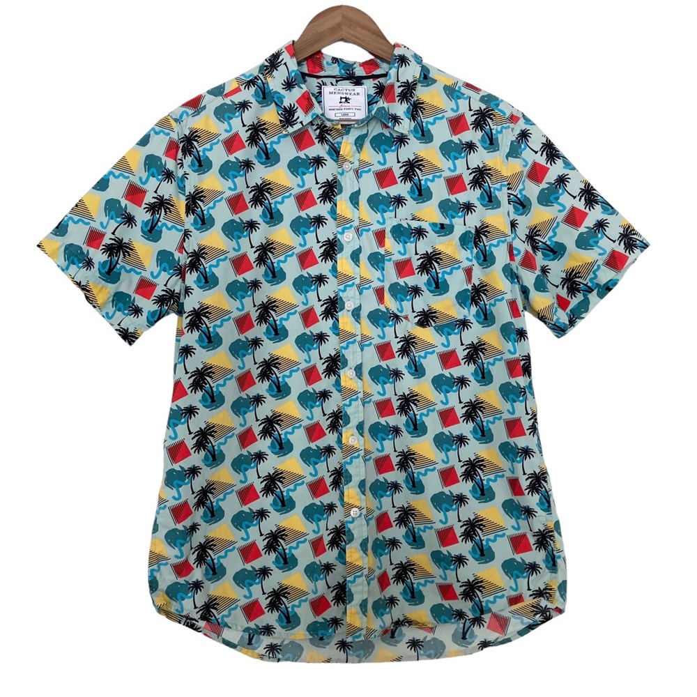 Cactus Menswear Surfer Button Down Retro Palms Graphic Short Sleeve Shirt